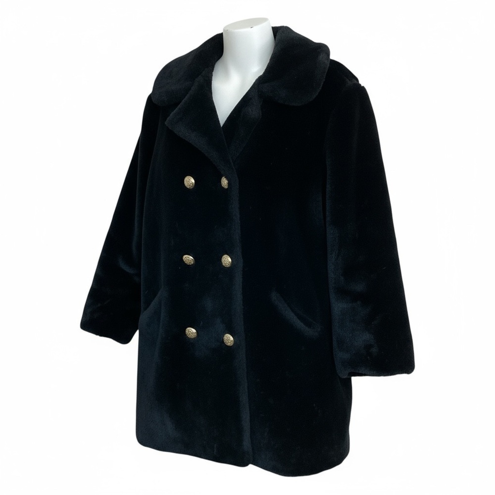 Vintage Luxurious Black Double Breasted Faux Fur Teddy Jacket L/XL Soft and Warm